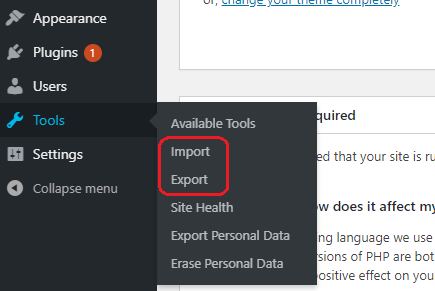 export import from WordPress