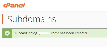 Create Subdomain Success message